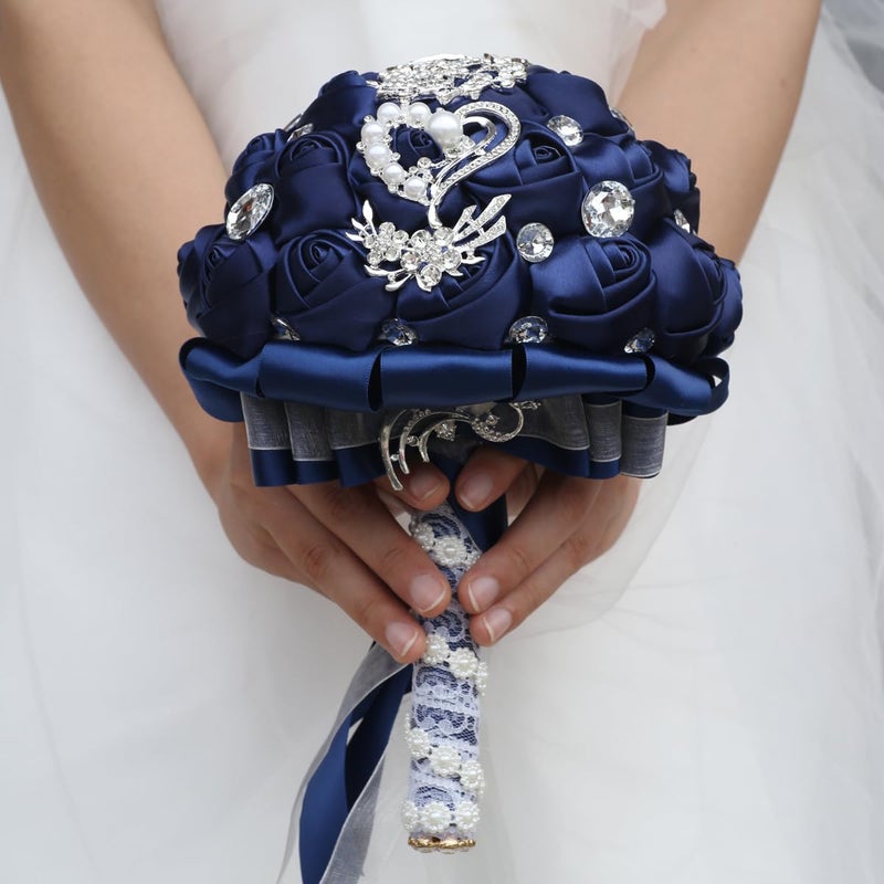 Flonding Wedding Bouquets Crystal Satin Rose Bride Bridal Bouquet Romantic Bridesmaid Holding Flower for Valentine's Day Confession Party Church Decor (Navy) - Image 2